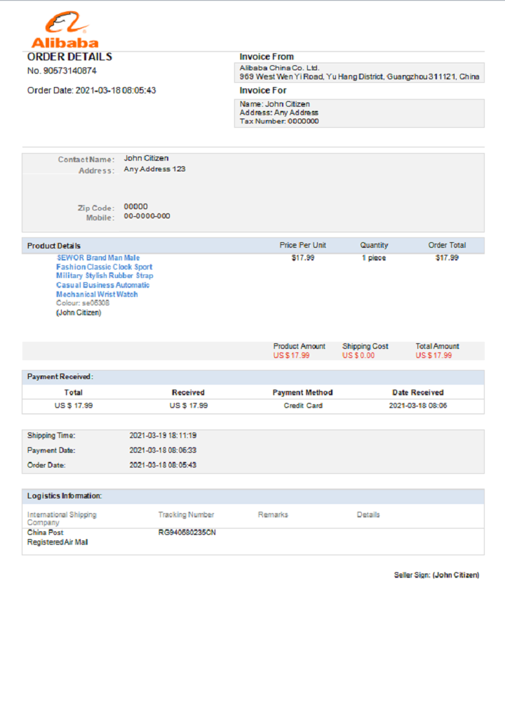 USA Alibaba invoice PSD template